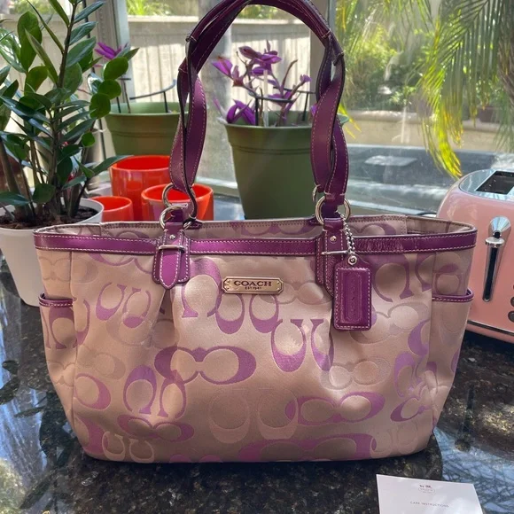 Coach Bags Coach Purple And Cream Tote Bag With Signature